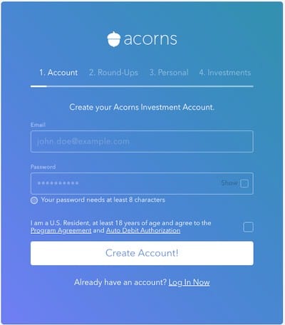 Acorns Sign Up page 1