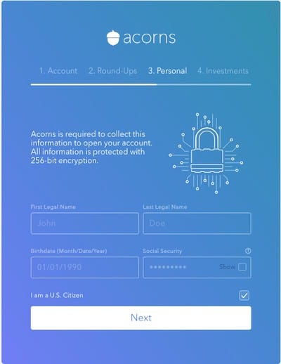 Acorns Sign Up page 3