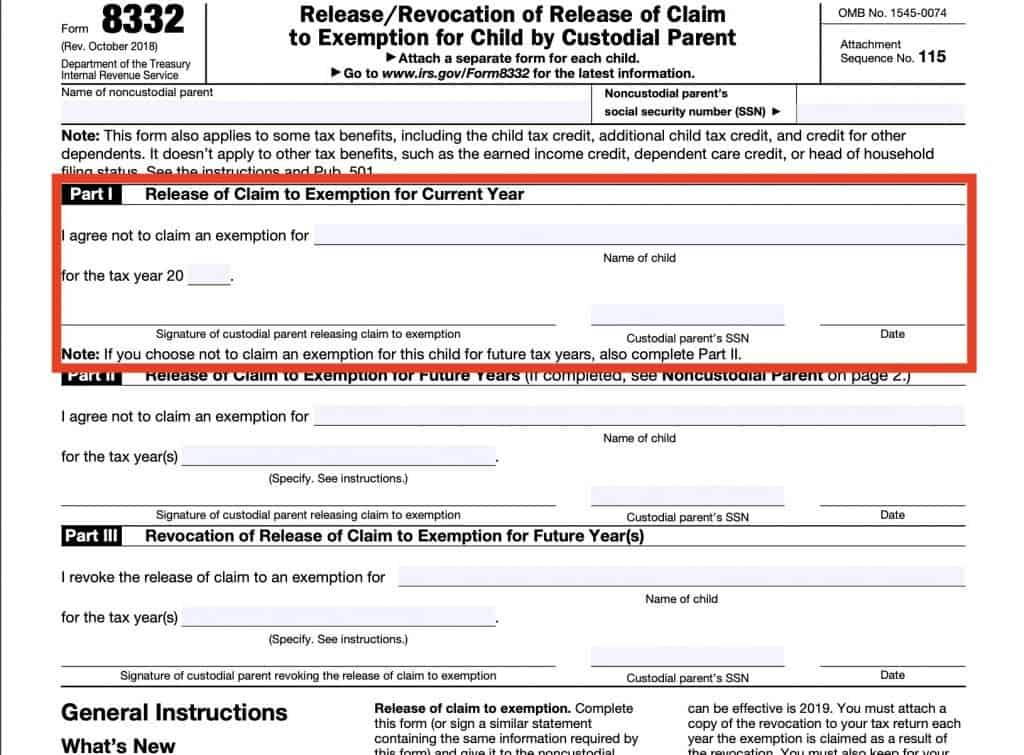 The custodial parent fills out Part II of Form 8332 to allow the non-custodial parent to use the child exemption and applicable tax benefits for the current tax year.