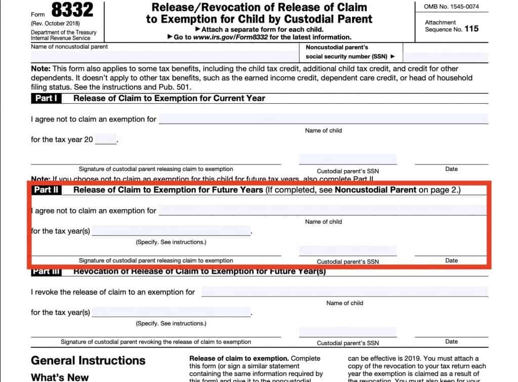 The custodial parent fills out Part II of Form 8332 to allow the non-custodial parent to use the child exemption and applicable tax benefits for future tax years.