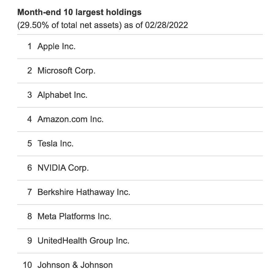 VOO's 10 largest stock holdings include: 
Apple Inc.
Microsoft Corp.
Alphabet Inc.
Amazon Inc.
Tesla, Inc.
NVIDIA Corp.
Berkshire Hathaway Inc.
Meta Platforms Inc.
United Health Group Inc.
Johnson & Johnson