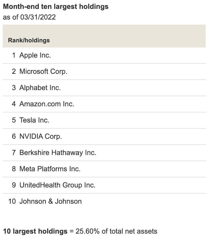 VTI vs VTSAX? Tech companies dominate both VTI's and VTSAX's top ten list:
Apple
Microsoft
Alphabet (Formerly Google)
Amazon
Tesla
NVIDIA
Berkshire Hathaway
Meta Platforms (formerly Facebook)
United Health Group
Johnson & Johnson