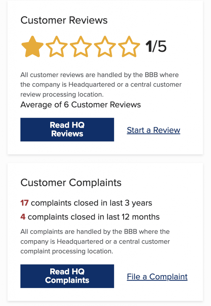 BBB 1-star rating for 6 customer reviews
