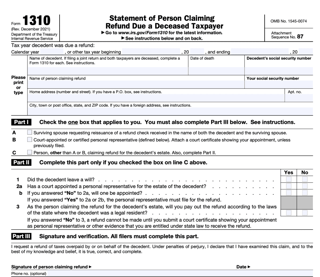 What Is IRS Form 1310 Claiming Refund Due A Deceased Taxpayer