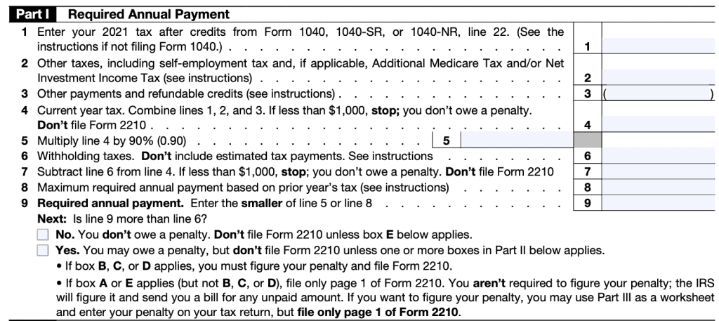 IRS Form 2210 Part I-Required Annual Payment