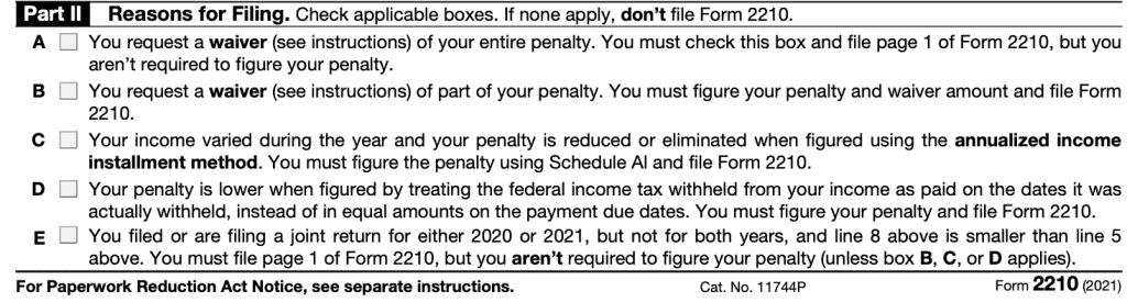 IRS Form 2210 Part II-Reasons for Filing