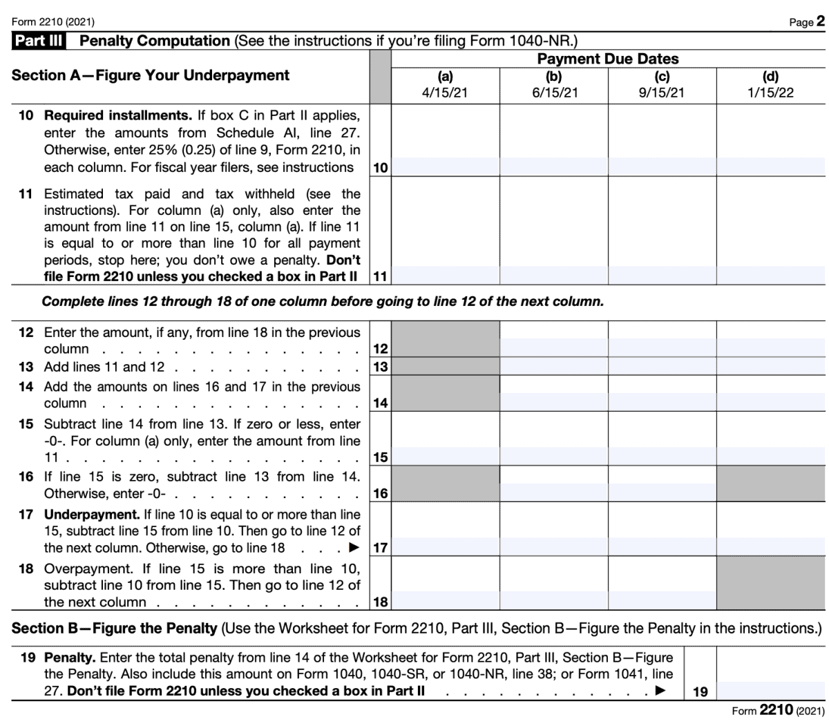 IRS Form 2210 Instructions Underpayment of Estimated Tax