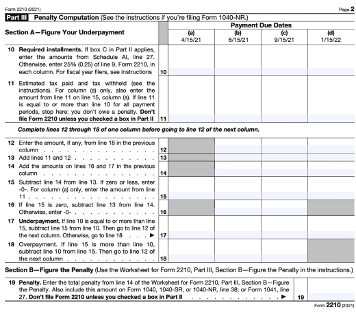 IRS Form 2210 Instructions Underpayment Of Estimated Tax