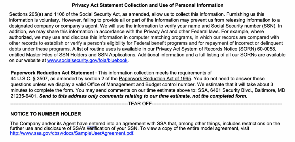 SSA-89 Privacy Act Information