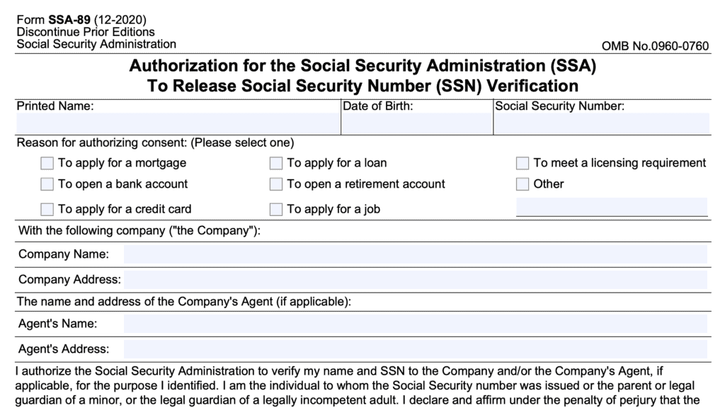 form ssa 89, authorization for the social security administration (SSA) to release social security number (SSN) verification