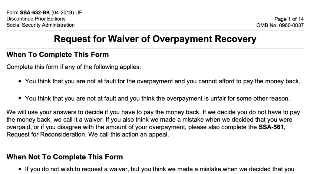 ssa form 632-bk, request for waiver of overpayment recovery