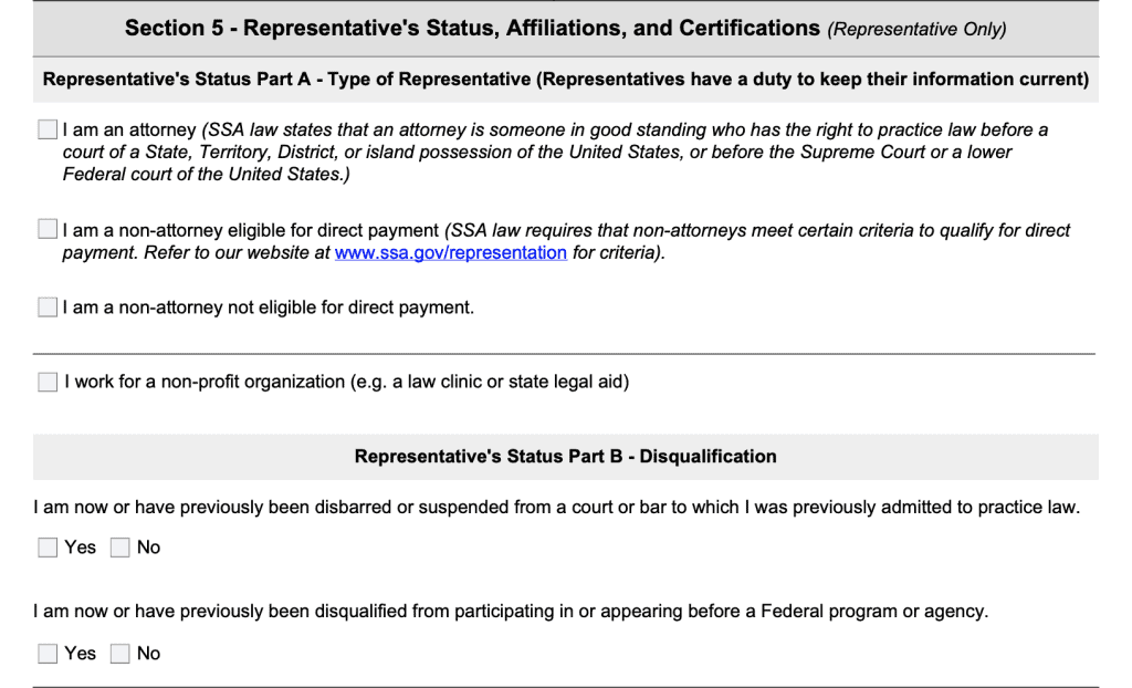 Form SSA 1696: Section 5-Representative's status & disqualification