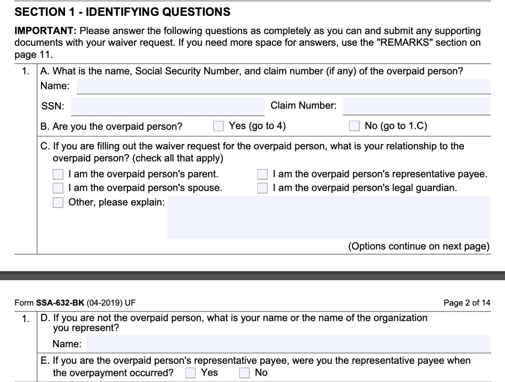 Form SSA-634-BK Section 1 identifies the person completing the SSA form