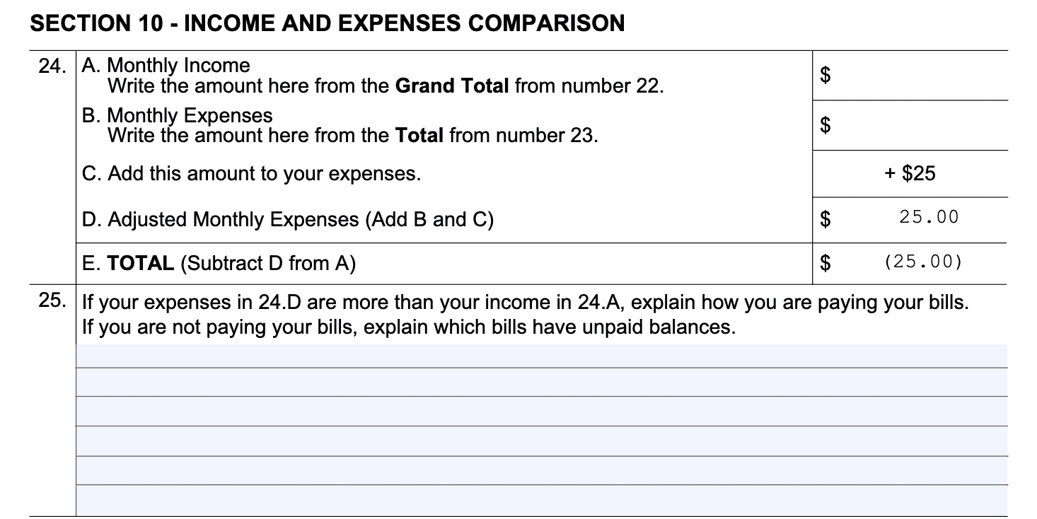 Form SSA-634-BK Section 10: Income & Expenses Comparison