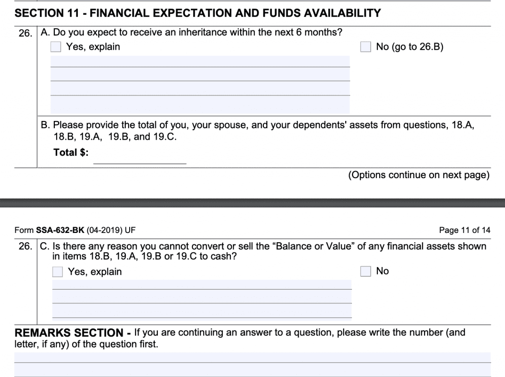 Form SSA-634-BK Section 11: Financial Expectation & Funds Availability