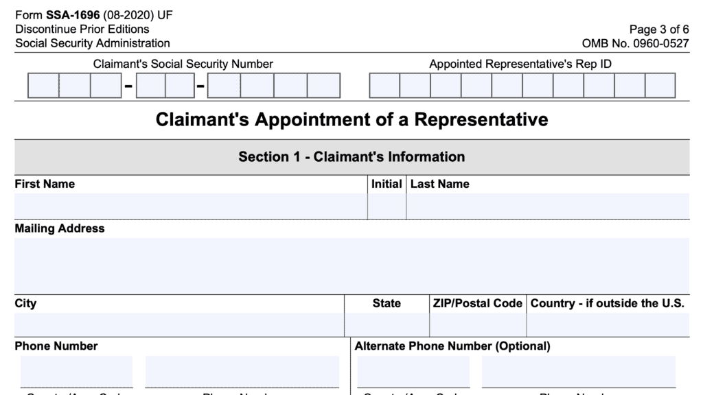 ssa form 1696, claimant's appointment of a representative