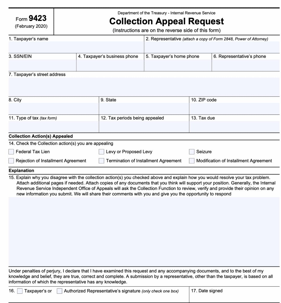 IRS Form 9423-Collection Appeal Request
