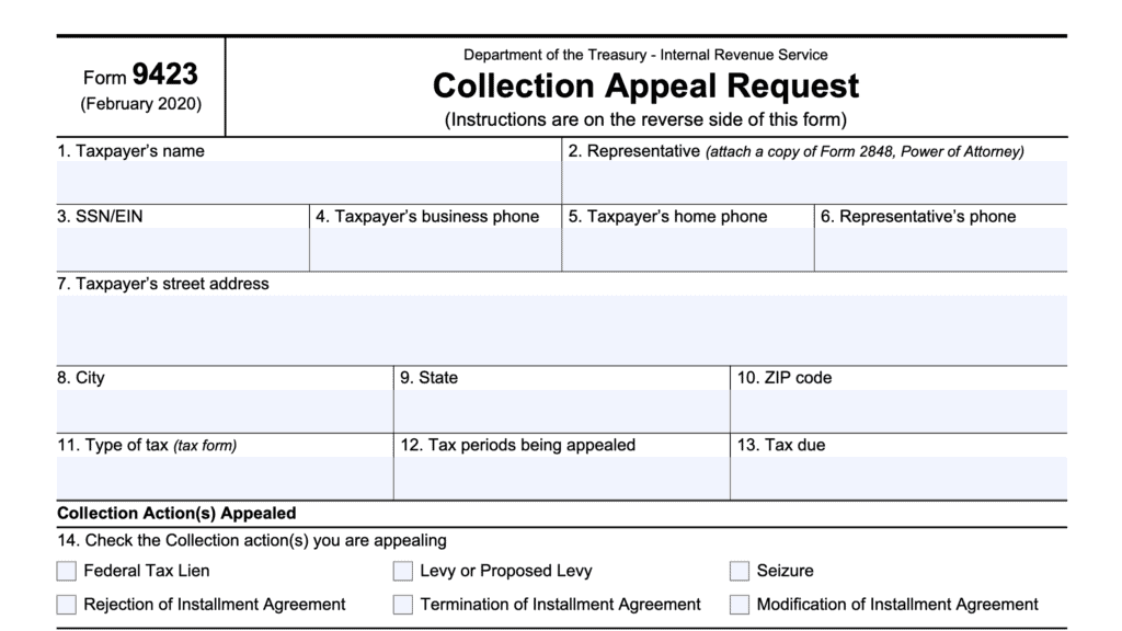 irs form 9423, collection appeal request