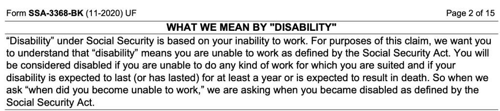 SSA definition of disability is based upon the applicant's inability to work.