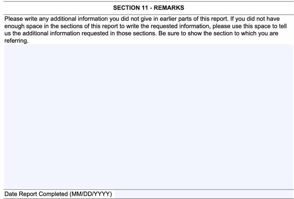 SSA-3368-BK Section 11 is for remarks or additional information