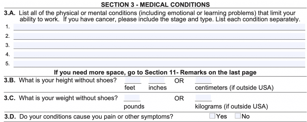 SSA-3368-BK Section 3 requests information about your medical conditions