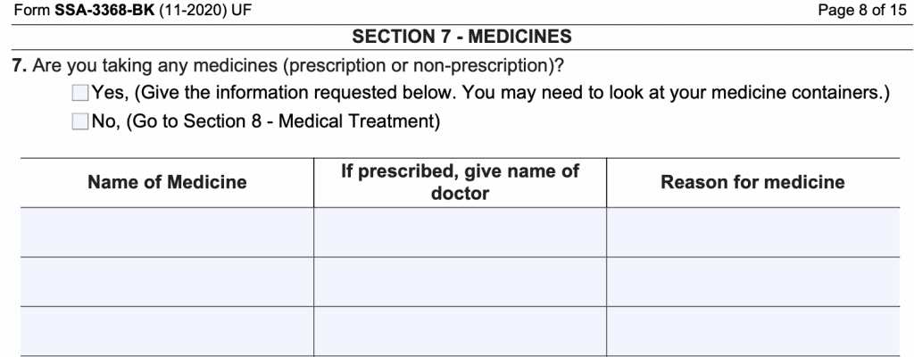 Section 7 requests information about medications you might be taking