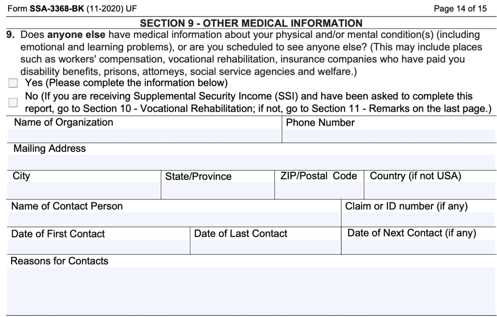 SSA-3368-BK Section 9 requests other medical information not previously disclosed