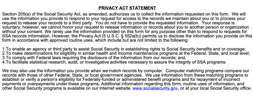 SSA Form 3288 Privacy Act Statement