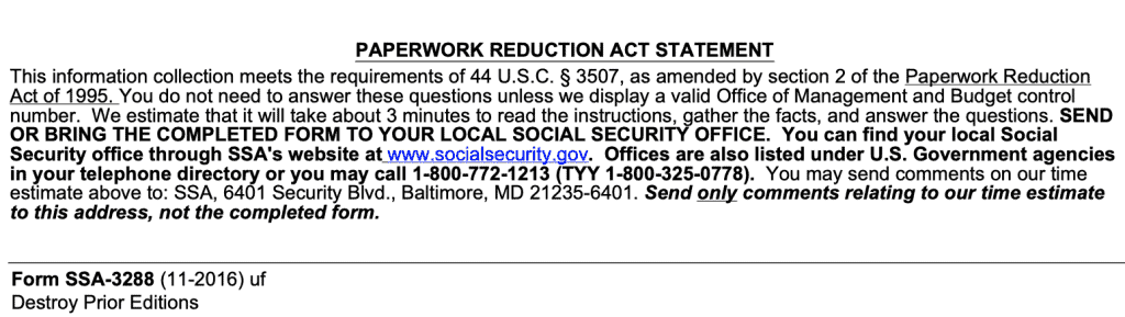 SSA Form 3288 Paperwork Reduction Act statement