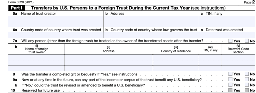 Part I-Transfers to a foreign trust during the tax year.