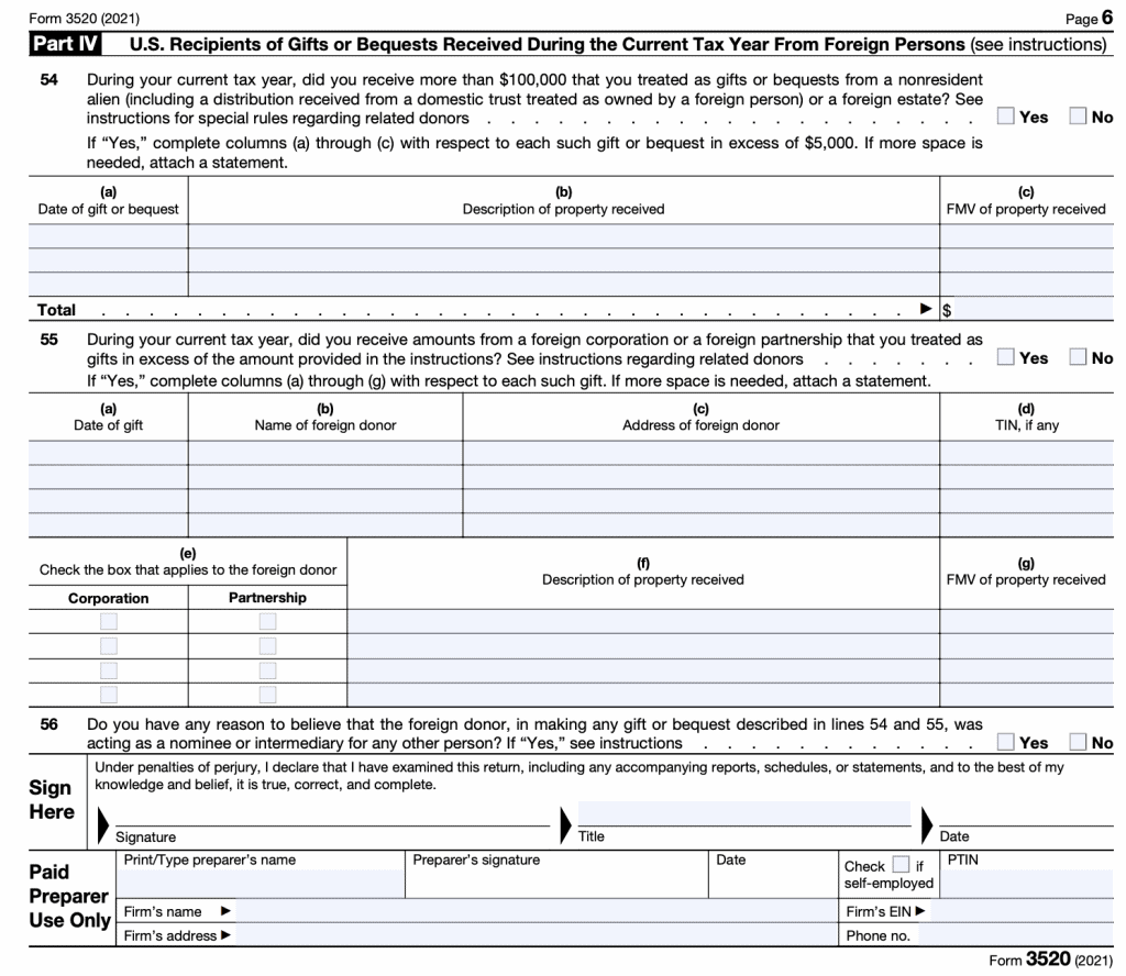 IRS Form 3520 Part IV