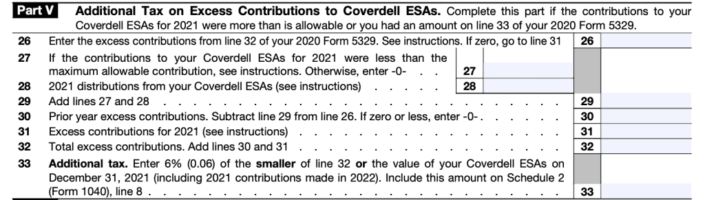 IRS Form 5329-Part V, There is a 10% Additional Tax on excess contributions to Coverdell ESAs
