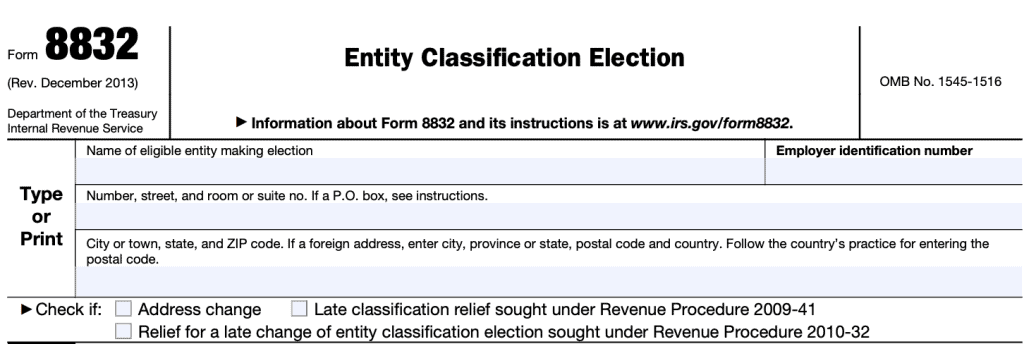 The top of IRS Form 8832 contains information about the business entity making the election