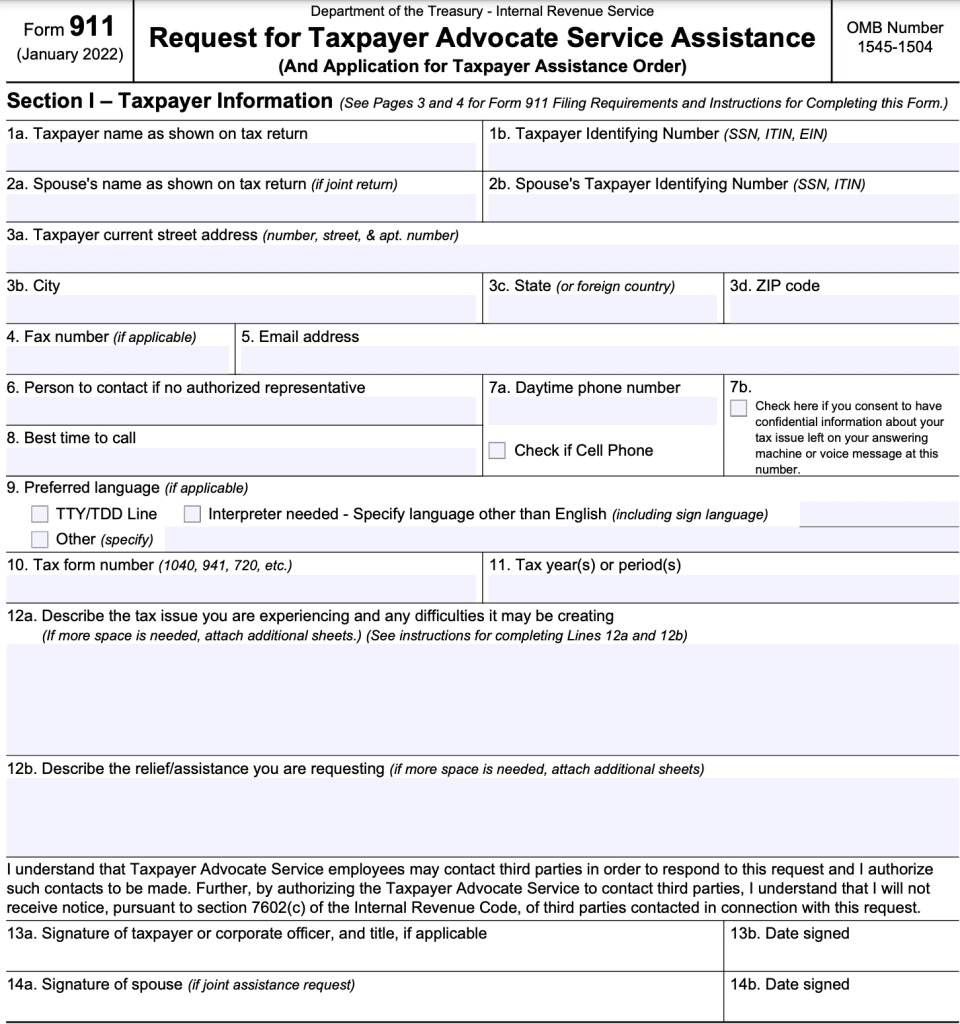 IRS Form 911-Section 1: Taxpayer Information