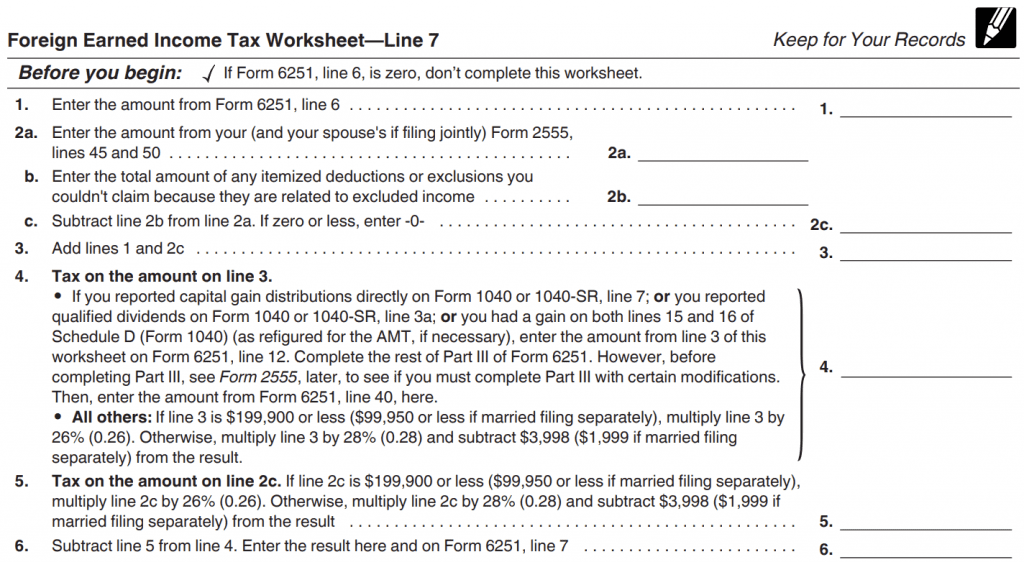 IRS Form 6251 foreign earned income worksheet