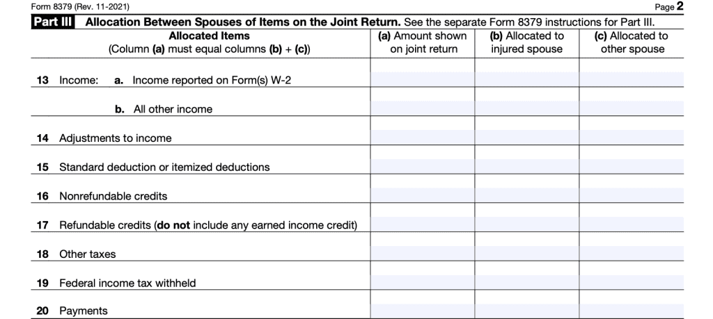 IRS Form 8379: Allocation between spouses of items on the joint return.