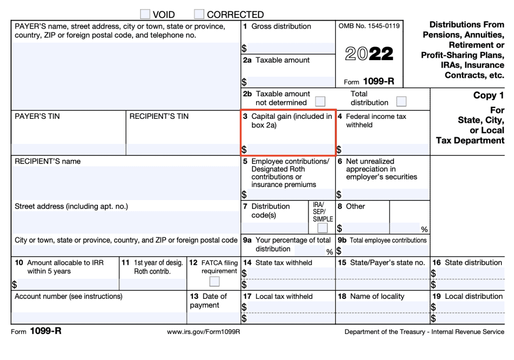 IRS Form 1099-R, Box 3 contains capital gains from the distribution.