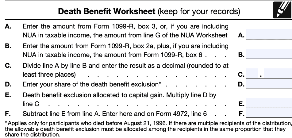 death benefit worksheet for estate tax adjustments to capital gains on lump sum distributions
