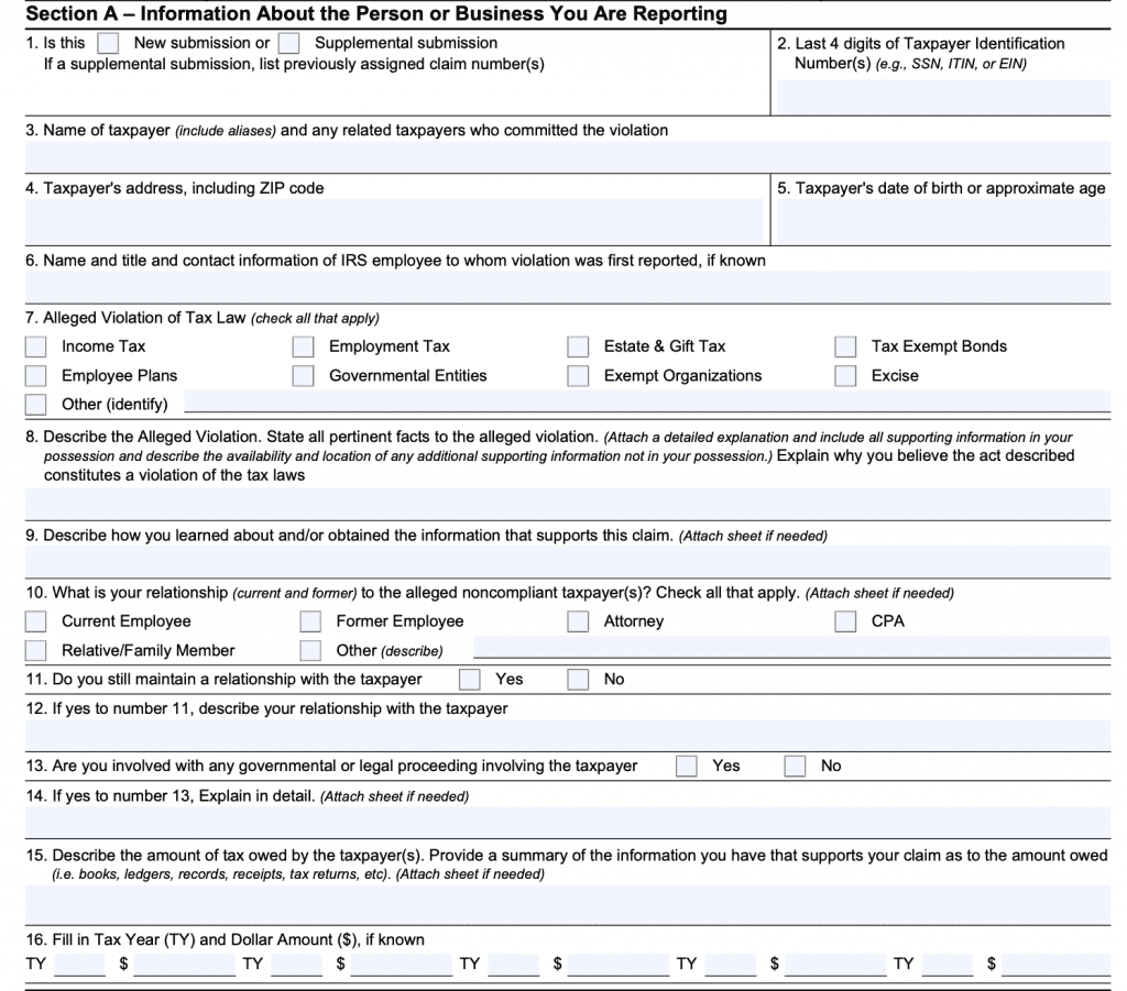 irs form 211, Section A: Information about suspected tax violator