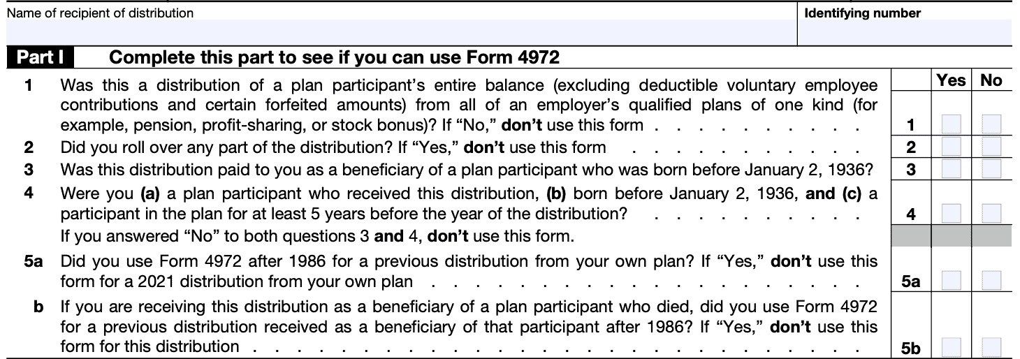 irs form 4972, Part I helps identify taxpayers who may qualify for preferred tax treatment on lump sum distributions