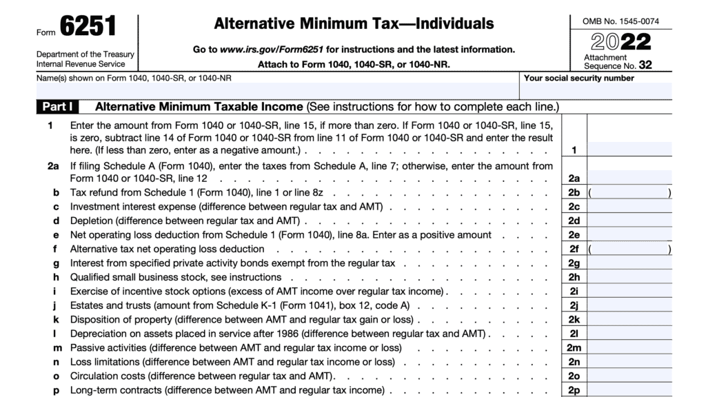 irs form 6251, alternative minimum tax for individuals