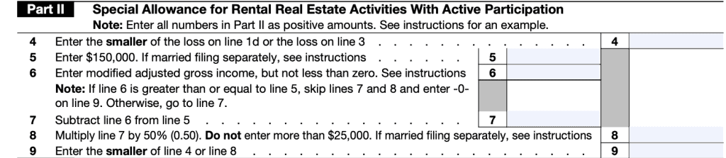 In IRS Form 8582 Part II, you'll calculate any special allowances for real estate rental properties with active participation