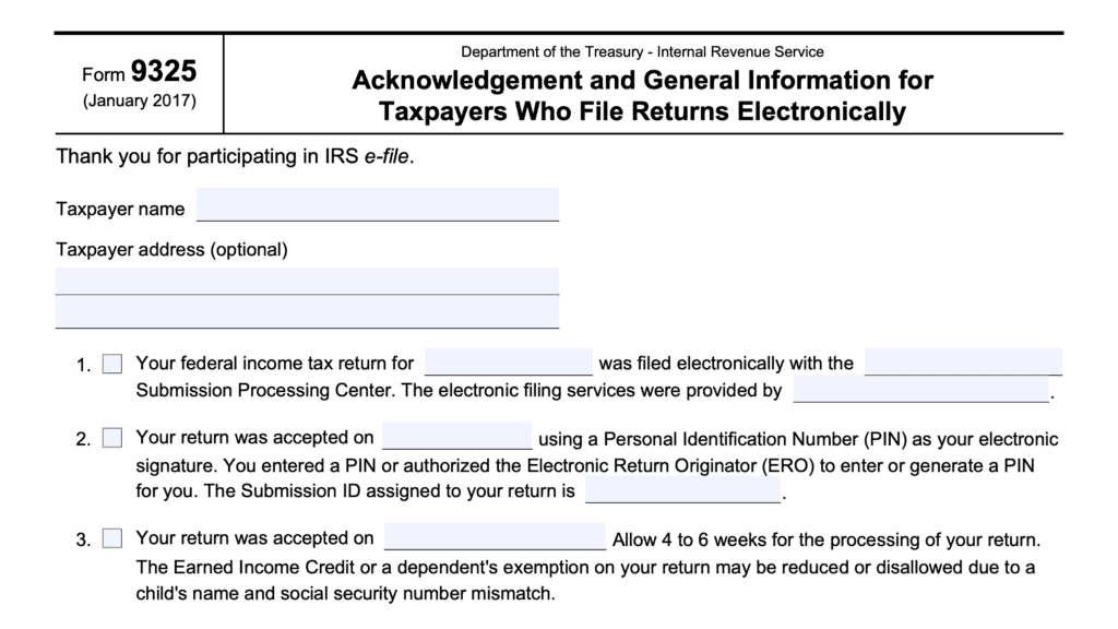 irs form 9325, Acknowledgement and General Information for Taxpayers Who File Returns Electronically
