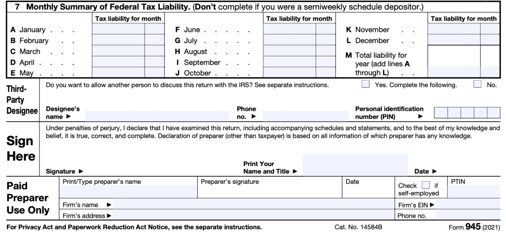 IRS Form 945: Bottom of the form indicates how taxes were withheld throughout the year.