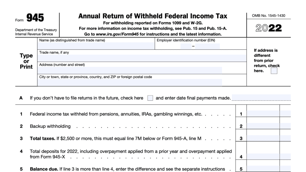 irs form 945, annual return of withheld federal income tax