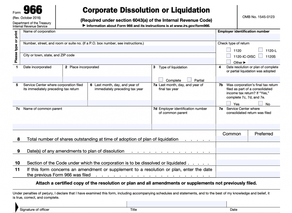 IRS Form 966-Corporate dissolution or liquidation