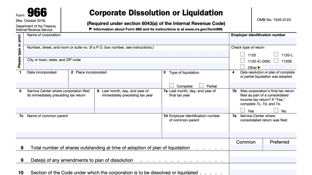 irs form 966, corporate dissolution or liquidation