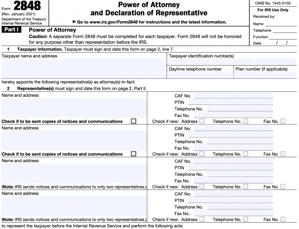 irs form 2848, Part I, Line 1 contains taxpayer information. Line 2 contains information about the taxpayer's designated representative.