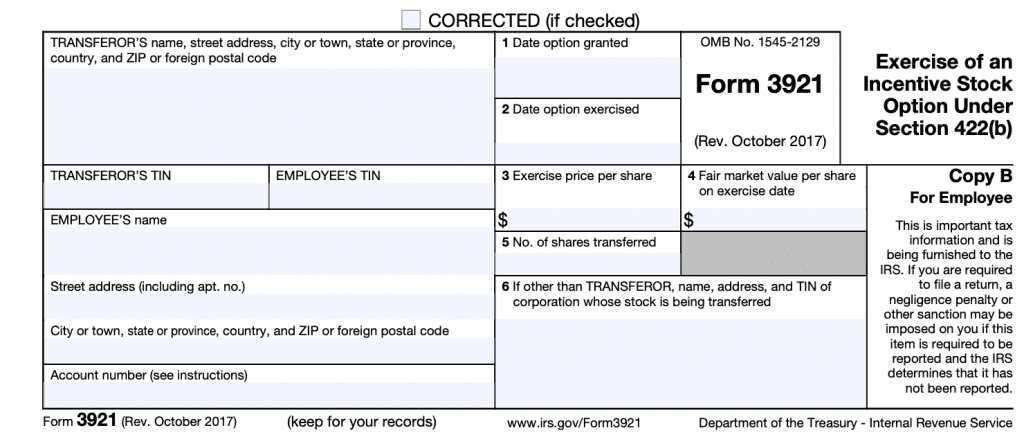 IRS Form 3921: Exercise of an incentive stock option under Section 422(b)