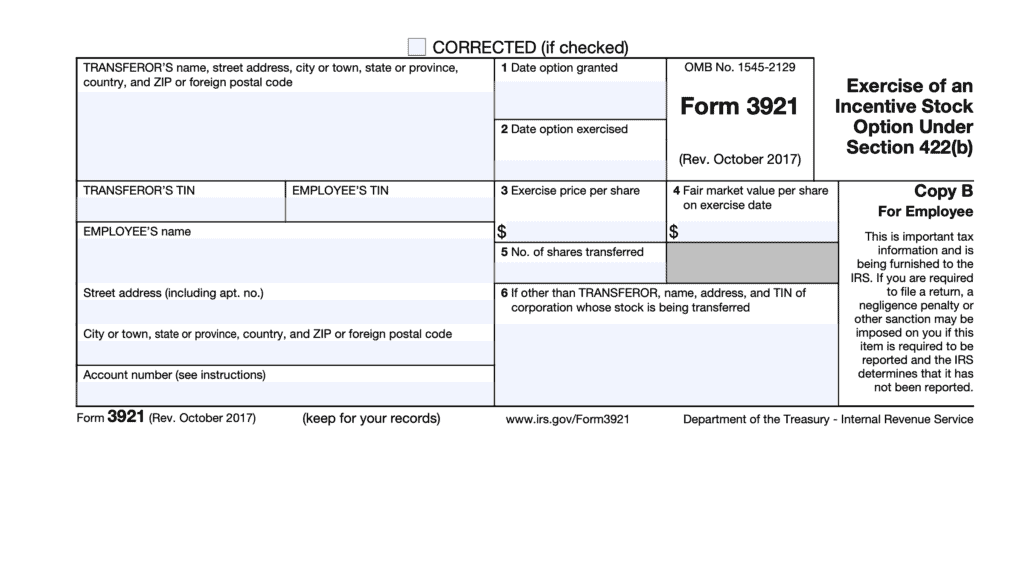 irs form 3921, Exercise of an Incentive Stock Option Under Section 422(b)